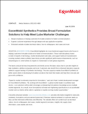 ExxonMobil highlights its cross-functional support teams who focus on helping customers formulate solutions for faster commercialization.