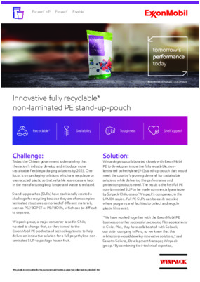 Winpack group collaborated closely with ExxonMobil PE to develop an innovative fully recyclable, nonlaminated polyethylene (PE) stand-up-pouch that would meet the country’s growing demand for sustainable solutions while delivering the performance and protection products need. (*Recyclable in communities that have programs and facilities in place that collect and recycle plastic film)
