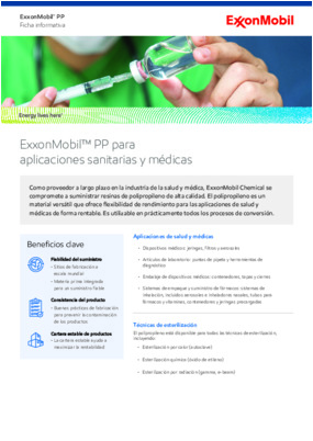 ExxonMobil™ PP es un material versátil que puede ofrecer una flexibilidad de desempeño rentable para aplicaciones médicas y sanitarias.