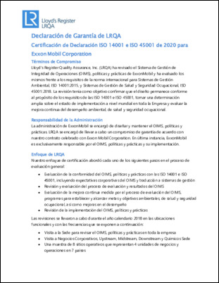 Declaración de Lloyd's Register Quality Assurance (LRQA) de 2020, ISO 14001 e ISO 45001