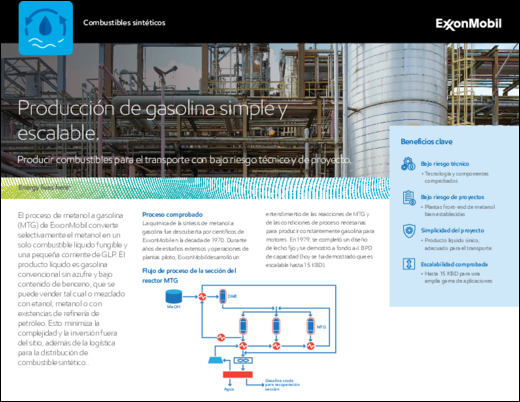Descubra cómo el proceso de metanol a gasolina (MTG) de ExxonMobil convierte selectivamente el metanol en un combustible líquido fungible y un pequeño flujo de GLP que produce combustibles de transporte con bajo riesgo técnico y de proyecto.