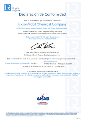 Certificación RCMS 2018 ExxonMobil Product Solutions Company