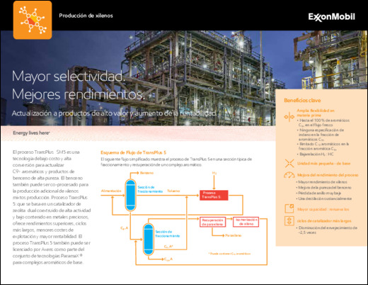 Conozca cómo el catalizador de zeolita de ExxonMobil permite el proceso TransPlus℠ 5 que, a su vez, ofrece rendimientos superiores, ciclos más largos, menores costes operativos y mayor rentabilidad.