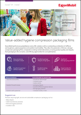 ExxonMobil performance polyethylene resins, including Exceed™ XP and Enable™ allow the production of thinner, stronger compression packaging films, ensuring product quality and integrity from packaging to the consumer, and offering opportunities for cost optimization.