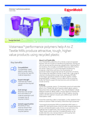 One of the main barriers to using recycled material is the need for costly and time consuming separation of incompatible plastics.  A to Z Textile Mills overcome the problem by using Vistamaxx™ performance polymers.