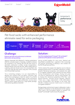 Learn how Plasticel and ExxonMobil combined their expertise to develop a new solution for PE//PE pet food sack films, including Exceed™ XP, Exceed™ and Enable™ performance polymers. The collaboration has resulted in high-quality pet food sacks delivered to stores without unattractive wrinkles