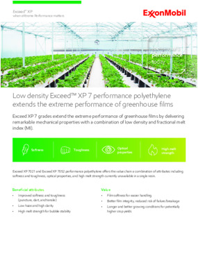Exceed XP 7 grades extend the extreme performance of greenhouse films by delivering remarkable mechanical properties with a combination of low density and fractional melt index.