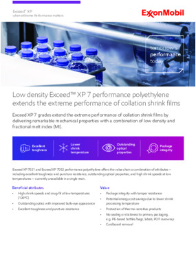 Exceed XP 7 grades extend the extreme performance of collation shrink films by delivering remarkable mechanical properties with a combination of low density and fractional melt index.