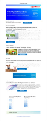 Here is the latest issue of Polyethylene Perspectives, a monthly newsletter dedicated to polyethylene-based products and solutions.