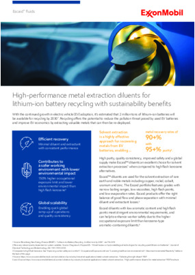 With the continued growth in electric vehicle (EV) adoption, it’s estimated that 2 million tons of lithium-ion batteries will be available for recycling by 2030.  Escaid™ diluents is an excellent choice for solvent extraction processes when compared to high flash kerosene alternatives.